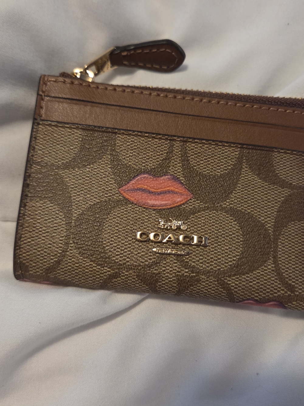 Coach Brown Signature Canvas Card Case with Pink Lip Detail